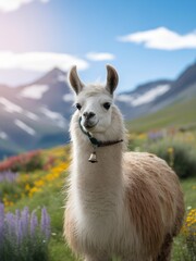 Charming Llama with Bell Collar in a Scenic Alpine Mountain Meadow