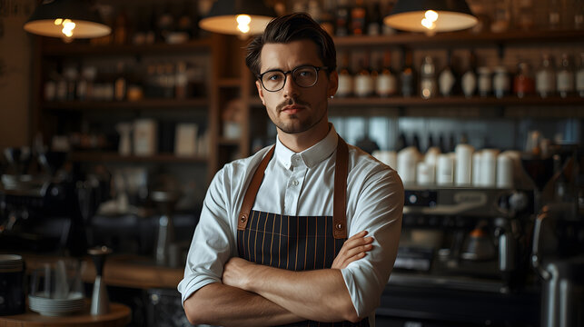 artistic coffee barista with curated bottle background showing luxury beverage service and fashionable presentation for clientele wallpaper background