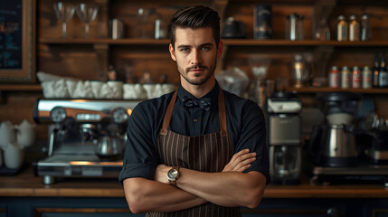 masculine barista offering hot drink behind sleek bar counter with curated bottles and focus on stylish personal appearance wallpaper background