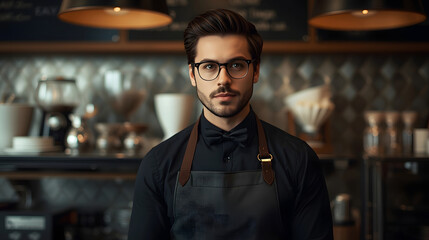 Fototapeta premium stylish male barista with drink bottles background giving professional coffee service with high visual impact and charm wallpaper background