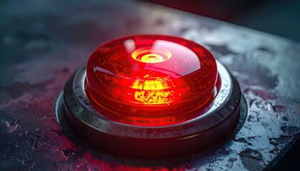 Illuminated Red Button on Metallic Surface Close Up Macro Photography