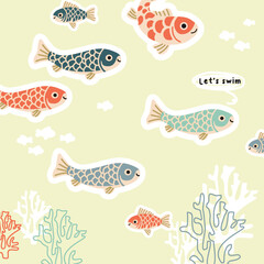 Cute Koi Fish Seamless Vector Pattern for Fabric and Wallpaper 