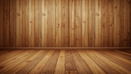 Naklejka premium Empty room with wooden walls and floor, showcasing warm, natural tones and a tranquil atmosphere.