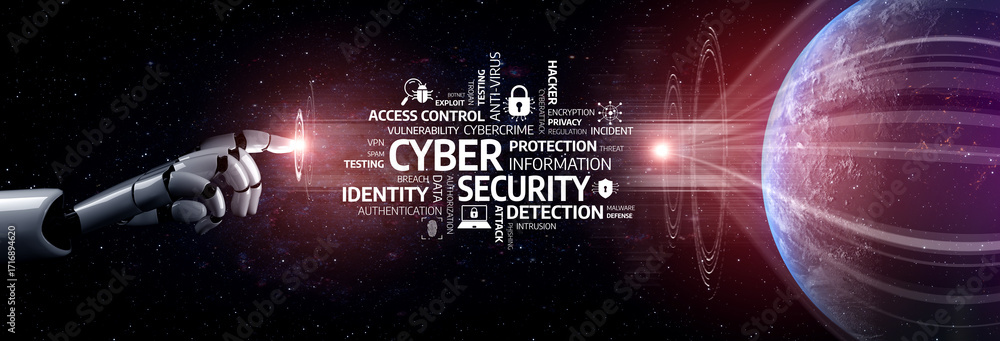 Poster a digital artwork showcasing a robotic hand pointing towards cyber security concepts amidst a backdr