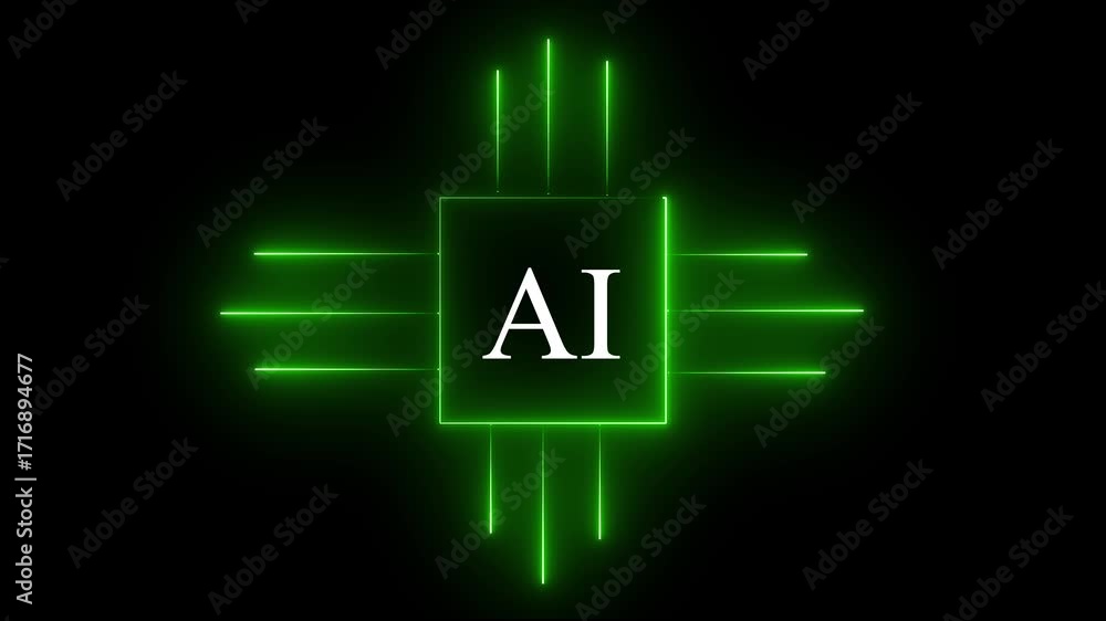 Fototapete glowing neon ai circuit board background. computer motherboard with a chip, processor with artificia