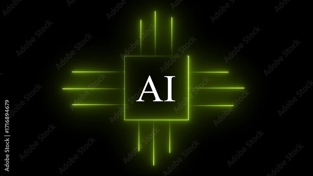 Fototapete glowing neon ai circuit board background. computer motherboard with a chip, processor with artificia