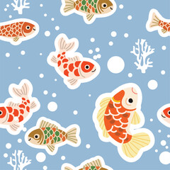 Fototapeta premium Seamless Pattern of Colorful Koi Fish and Coral on Blue Background 