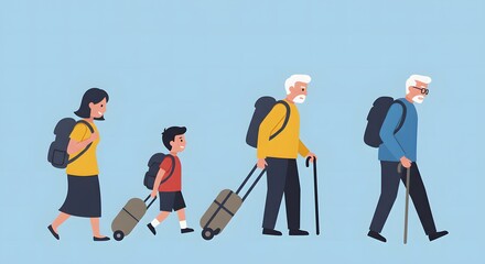 Obraz premium Generational Travel: Family Journey Through Life Stages with Luggage and Backpacks