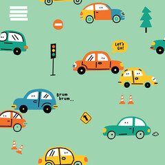 Naklejka premium Seamless Pattern of Cute Cartoon Cars with Traffic Signs 