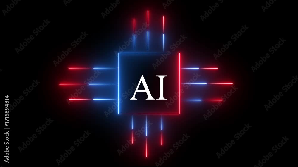 Fototapete glowing neon ai circuit board background. computer motherboard with a chip, processor with artificia