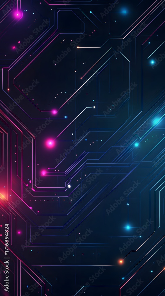 Poster a vibrant, intricate circuit board design with glowing neon lines and points of light, creating a fu