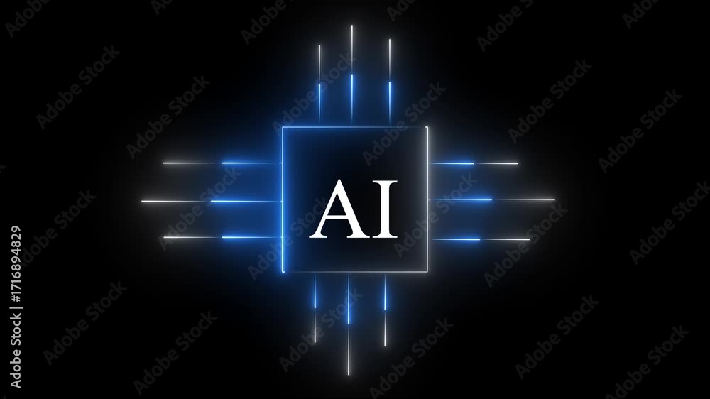 Fototapete glowing neon ai circuit board background. computer motherboard with a chip, processor with artificia