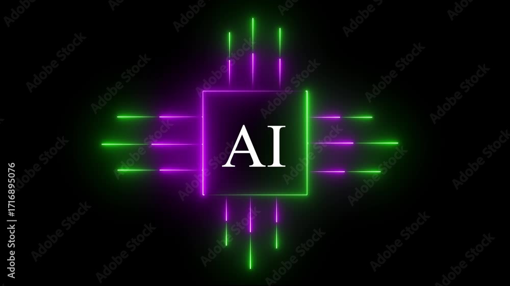Fototapete glowing neon ai circuit board background. computer motherboard with a chip, processor with artificia