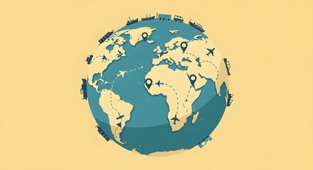 Global Transportation: World Map with Planes, Trains, Ships, and Destinations.