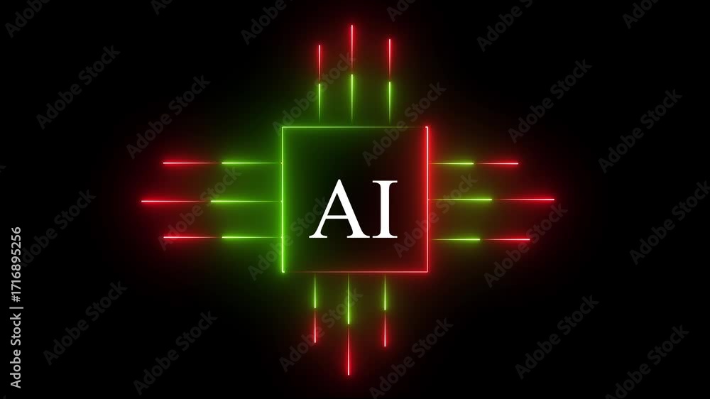 Fototapete Glowing neon AI circuit board background. Computer motherboard with a chip, Processor with artificial intelligence AI. Minimal chip icon with AI text and circuit lines icon animation . 4K