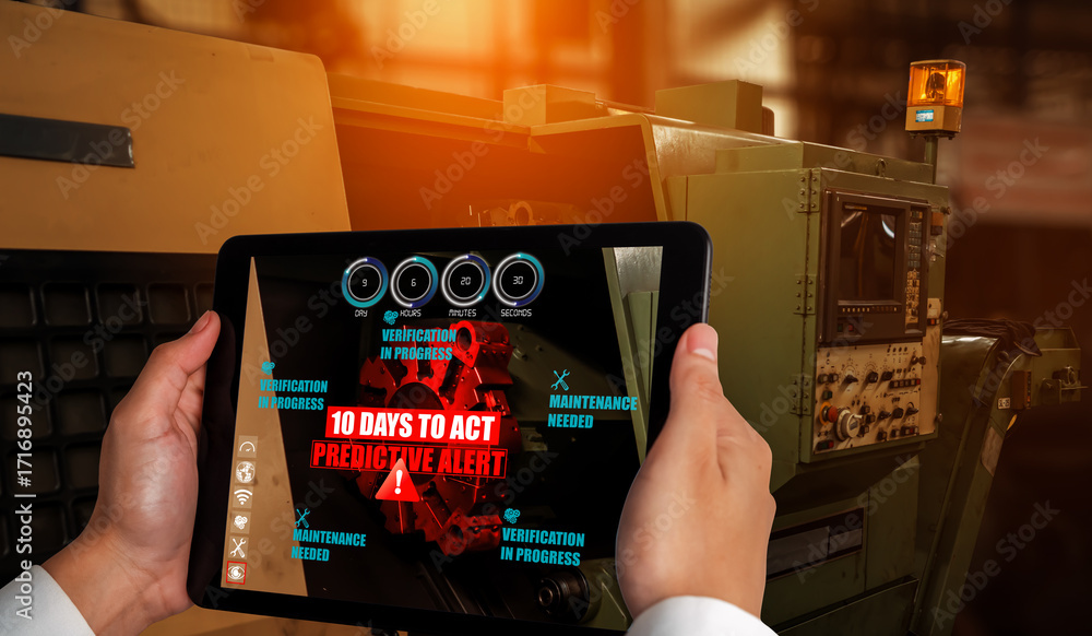 Poster engineer use augmented reality software in smart factory production line with automated application 