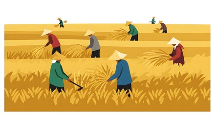 Obraz premium Golden Harvest: Farmers in Conical Hats Harvesting Rice in a Field, Illustration