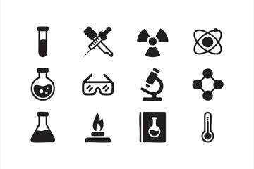 Vector science icon set with laboratory equipment including microscope and test tube