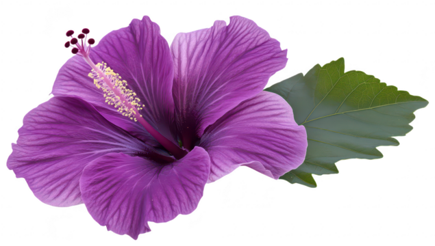 A purple hibiscus flower with intricate petals and a green leaf. set against a clean white background. ideal for botanical illustrations or floral-themed designs - Powered by Adobe
