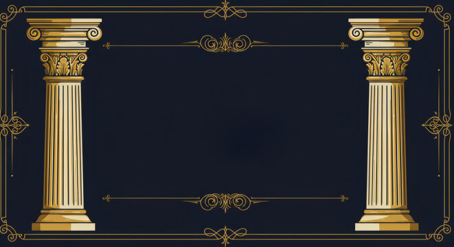 Golden ornate columns and decorative frame on a dark background for conspiracy or freemasonry concept.