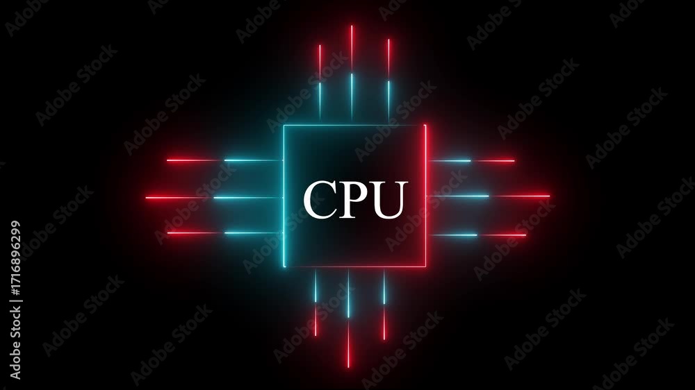 Fototapete glowing neon cpu circuit board background. computer motherboard with a chip, processor with artifici