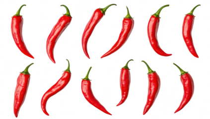 A arrangement of fresh red chili peppers displayed against a clean white background. emphasizing their glossy texture and vivid color. ideal for culinary and food-related themes