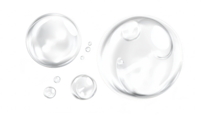 A collection of transparent soap bubbles of various sizes floating against a clean white background. evoking a sense of freshness and cleanliness. ideal for cleaning product advertisements or artistic