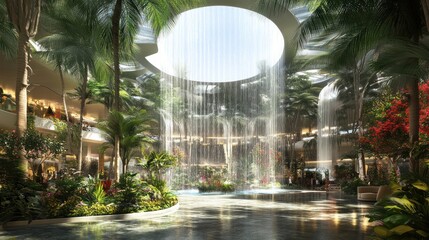 Naklejka premium Lush indoor shopping center with waterfalls