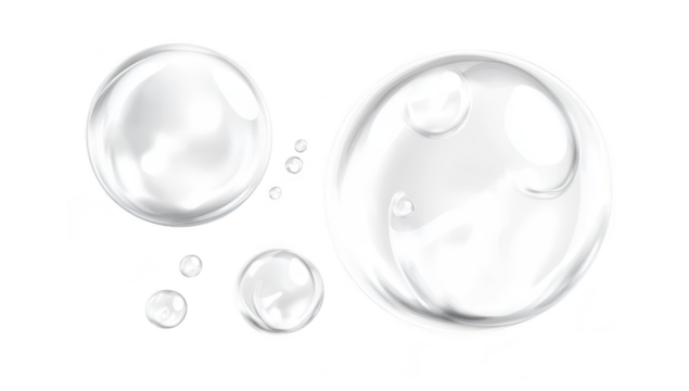 A collection of transparent soap bubbles of various sizes floating against a clean white background. evoking a sense of freshness and cleanliness. ideal for cleaning product advertisements or artistic