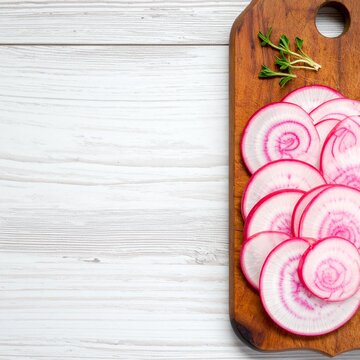 Rustikales Holzbrett mit Radi (Bierrettich in Spiralen geschnitten)