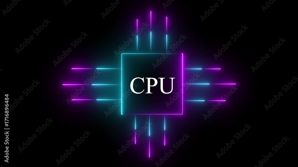 Fototapete glowing neon cpu circuit board background. computer motherboard with a chip, processor with artifici