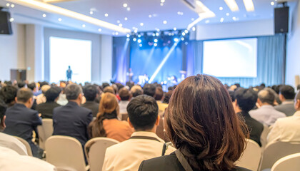 Audience members are seated in a large conference hall, facing a stage with screens and a speaker during a presentation or event.