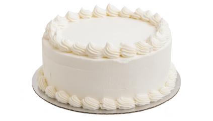 A beautifully crafted white cake with elegant frosting swirls on top. displayed on a silver platter. perfect for celebrations or special occasions. with a clean background emphasizing its design