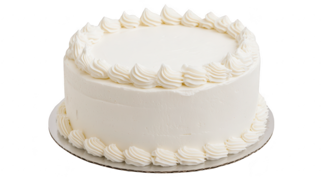 A beautifully crafted white cake with elegant frosting swirls on top. displayed on a silver platter. perfect for celebrations or special occasions. with a clean background emphasizing its design