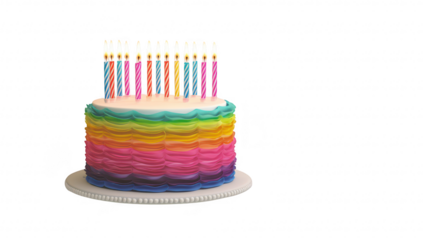 A vibrant. multi-colored birthday cake adorned with lit candles. set on a decorative white plate against a soft. neutral background. perfect for celebration-themed events and invitations
