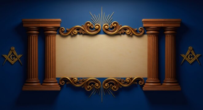 Ancient mysterious freemasonry symbol with pillars and decorative frame. Illuminati secret society background. Masonic templar ritual event.