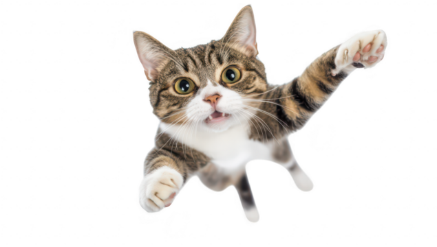 A playful tabby cat joyfully reaching out with its paws. its curious expression against a clean white background. perfect for use in pet-related content or marketing