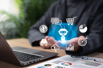 AI Business Management Concept, Businessman Using Artificial Intelligence for Data Analysis, Marketing Strategy, Financial Planning, Language Processing, Corporate Decision Making, Investment Forecast