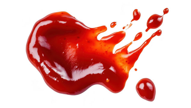 A splash of red ketchup on a white background. its thick texture and glossy sheen. ideal for culinary presentations or food-related advertising