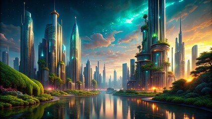 Naklejka premium Futuristic Cityscape: A Glimpse into a Machine Civilization's Sacred Spaces