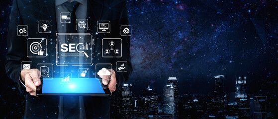 SEO concept for improving SEO visibility, with SEO related digital tools and SEO performance icons shown in an focused layout for strategic marketing. Spline