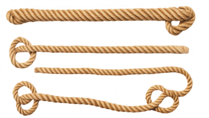 A collection of various types of natural fiber ropes. different lengths and knot styles. arranged neatly on a white background. ideal for crafting. outdoor activities. or marine use