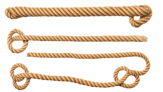 A collection of various types of natural fiber ropes. different lengths and knot styles. arranged neatly on a white background. ideal for crafting. outdoor activities. or marine use
