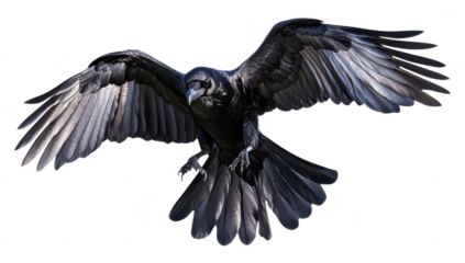 A majestic black crow soaring through the sky with its wings fully extended. its glossy feathers and keen eyes. set against a clear blue background. ideal for nature-themed projects