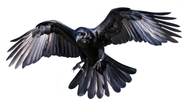 A majestic black crow soaring through the sky with its wings fully extended. its glossy feathers and keen eyes. set against a clear blue background. ideal for nature-themed projects