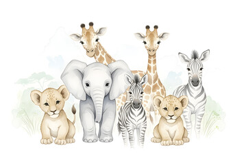 Obraz premium Soft pastel-toned watercolor safari animals in a gentle nursery wall art style