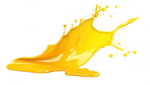 A splash of yellow paint dynamically flowing and pooling on a clean white surface. creating an energetic visual effect ideal for artistic or creative projects