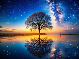 Obraz premium Surreal Mirror Landscape: Galaxy Ground, Blue Sky, Leafless Tree
