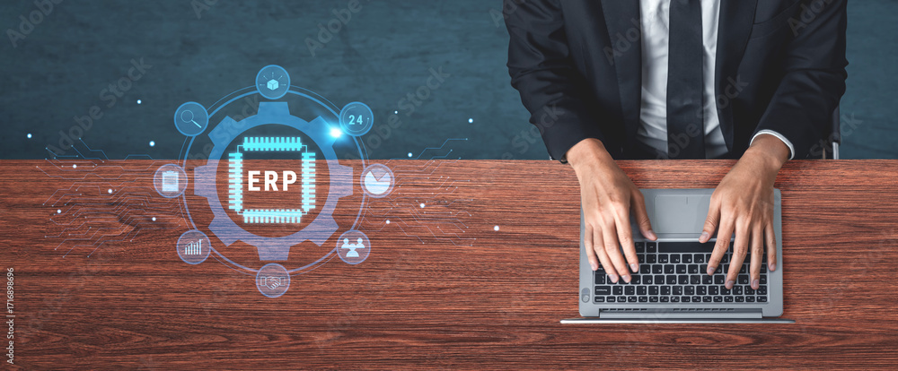 Poster Enterprise Resource Planning (ERP) system for business process management. This ERP software solution integrates core business functions for efficiency. Motif