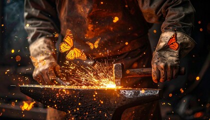In the heart of the forge, a smith's hammer strikes hot iron, releasing not just sparks but magical, glowing butterflies representing the soul of creation